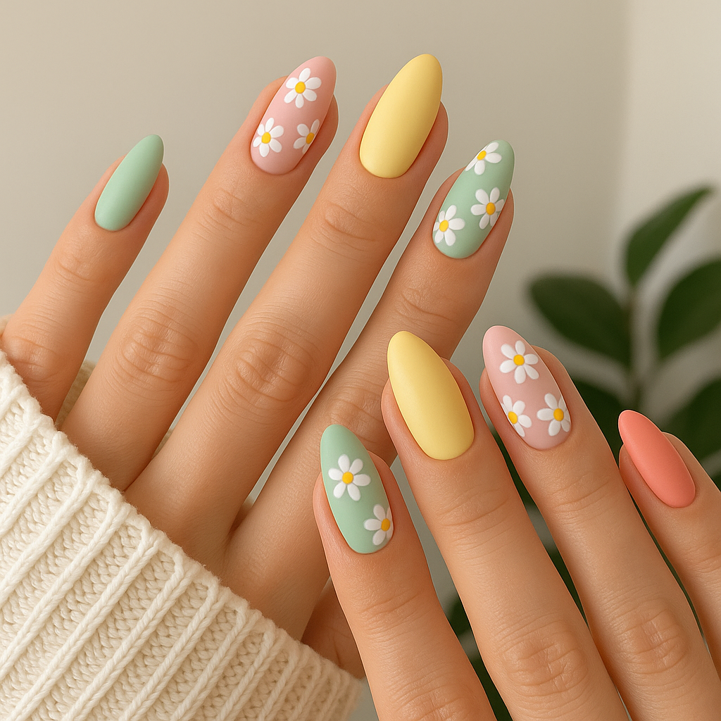 A completed printed manicure across both hands