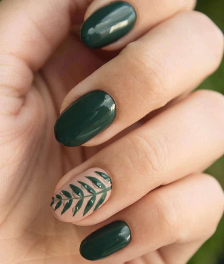 Printed nail art, deep green with botanical print